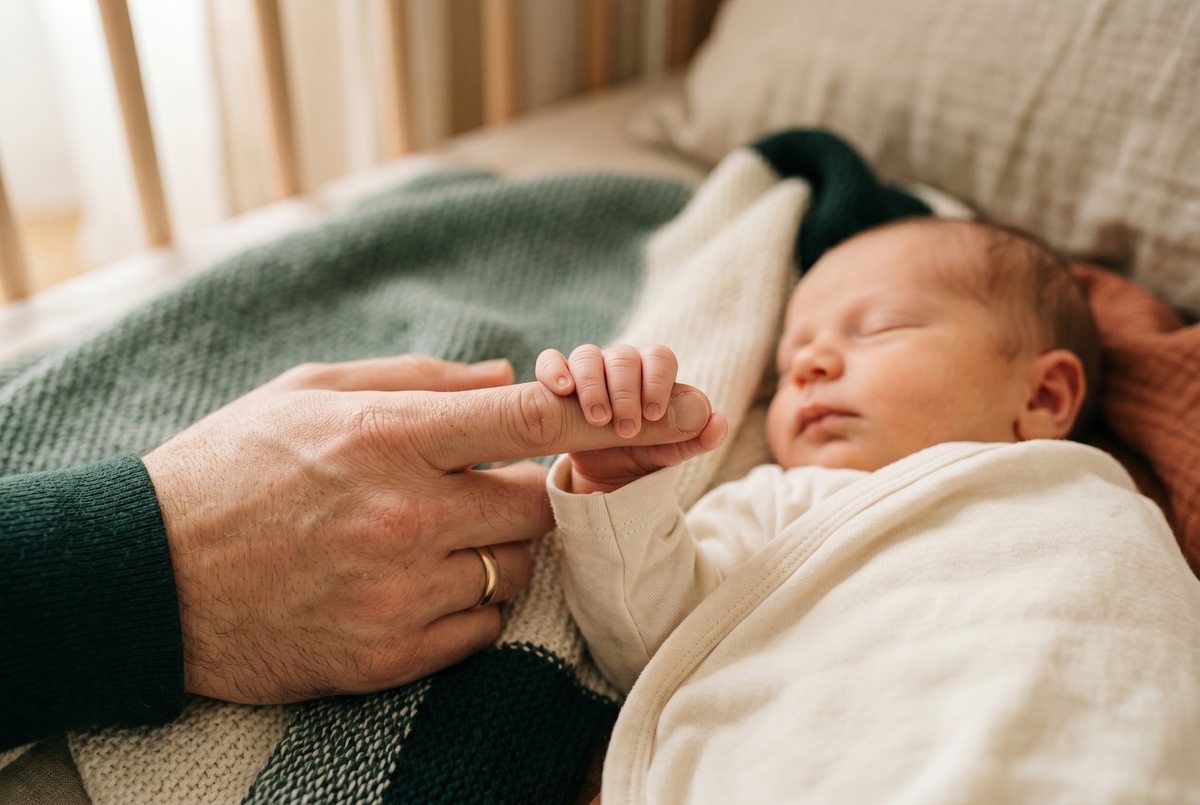 A newborn grasps the finger of a parent in their sleep in a calm nursery with shades of green and cream