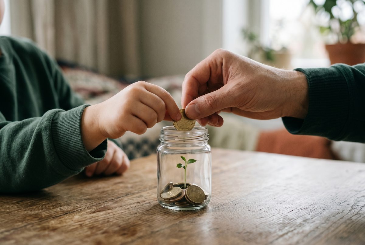 A parent's hand and a child's hand together inserting a coin into a savings jar with a small green seedling growing inside